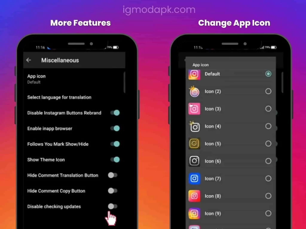 change app icon and more features of insta pro apk