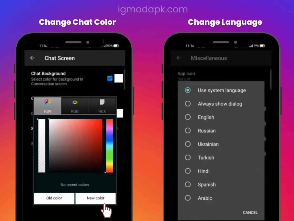 change language and change chat screen color in instapro